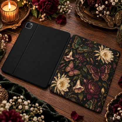 Midnight Butterfly Garden iPad case shown front and back — printed front cover, plain black back