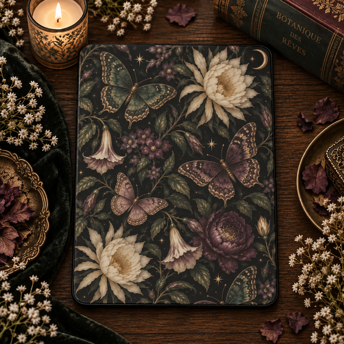 Midnight Butterfly Garden iPad case styled with a candle, old books and dried flowers