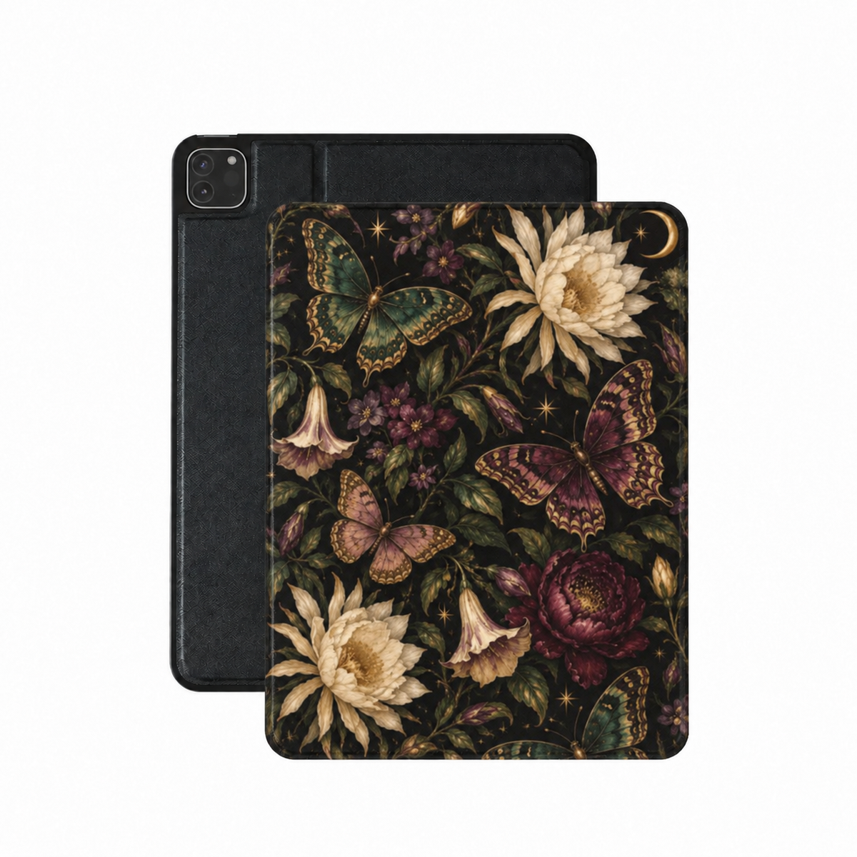 Midnight Butterfly Garden iPad case — jewel-toned butterflies and night flowers on black