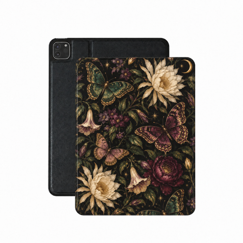 Midnight Butterfly Garden iPad case — jewel-toned butterflies and night flowers on black