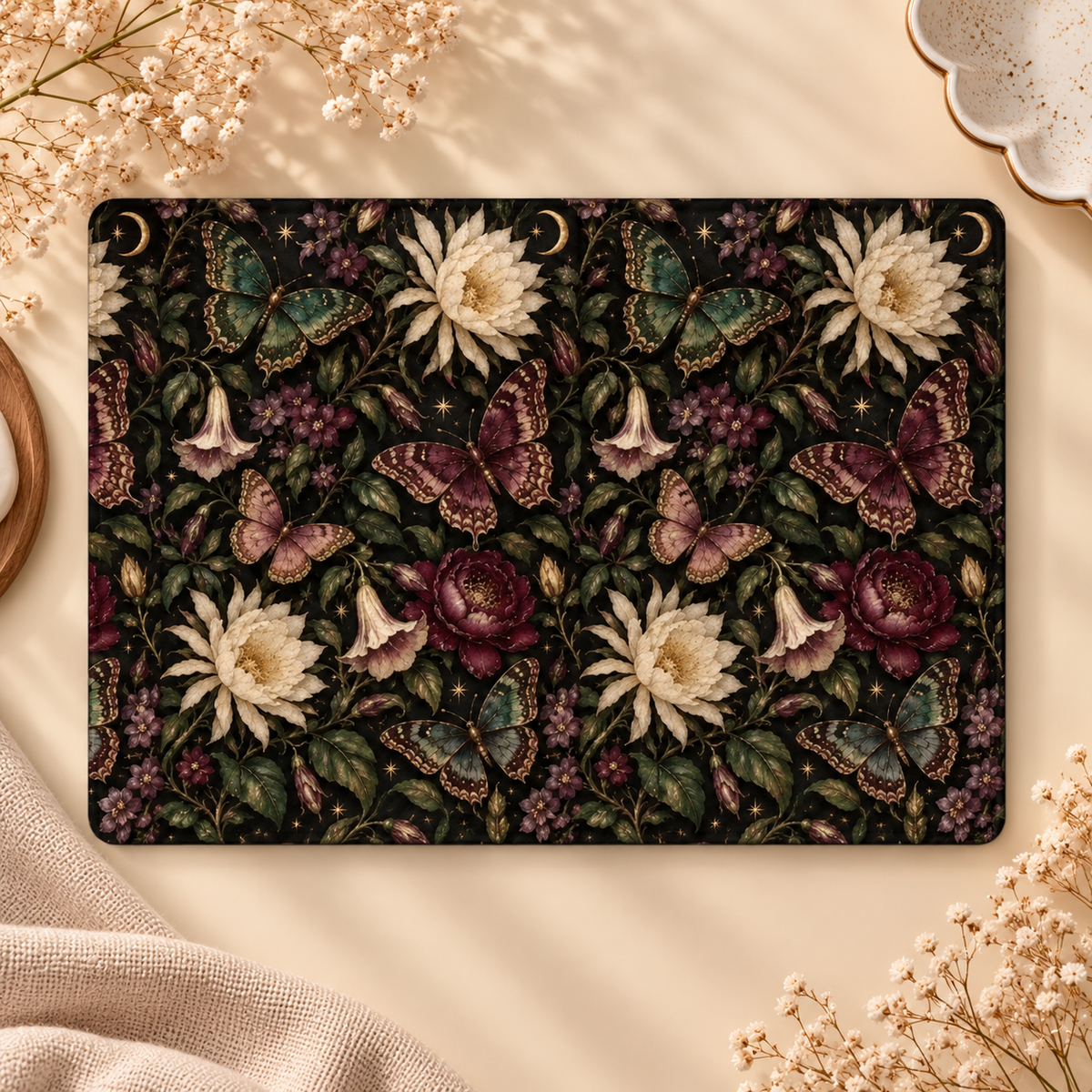 Midnight Butterfly Garden Kindle case opened flat, front and back — butterflies, cream and burgundy flowers, gold moons