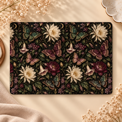 Midnight Butterfly Garden Kindle case opened flat, front and back — butterflies, cream and burgundy flowers, gold moons