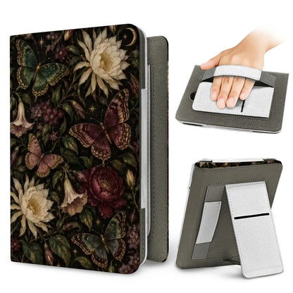 Midnight Butterfly Garden Kindle case — elastic hand strap and fold-out stand on the back