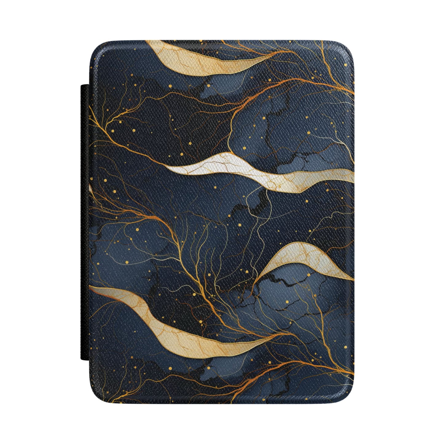 Dark charcoal Kindle Paperwhite case with flowing gold marble ribbons front cover — Maison Noir gift for her