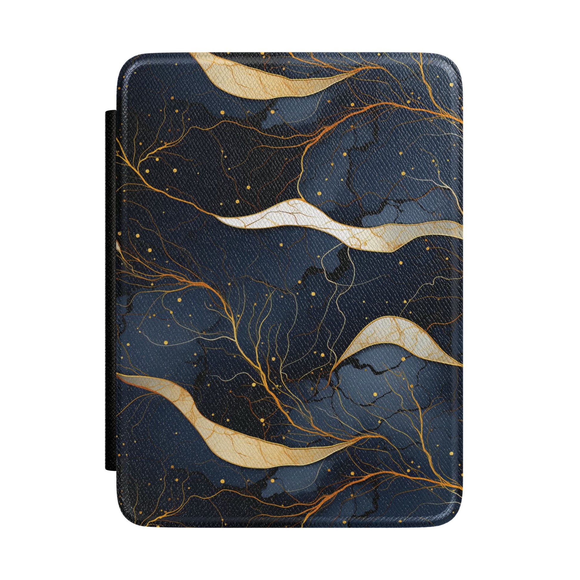 Dark charcoal Kindle Paperwhite case with flowing gold marble ribbons front cover — Maison Noir gift for her