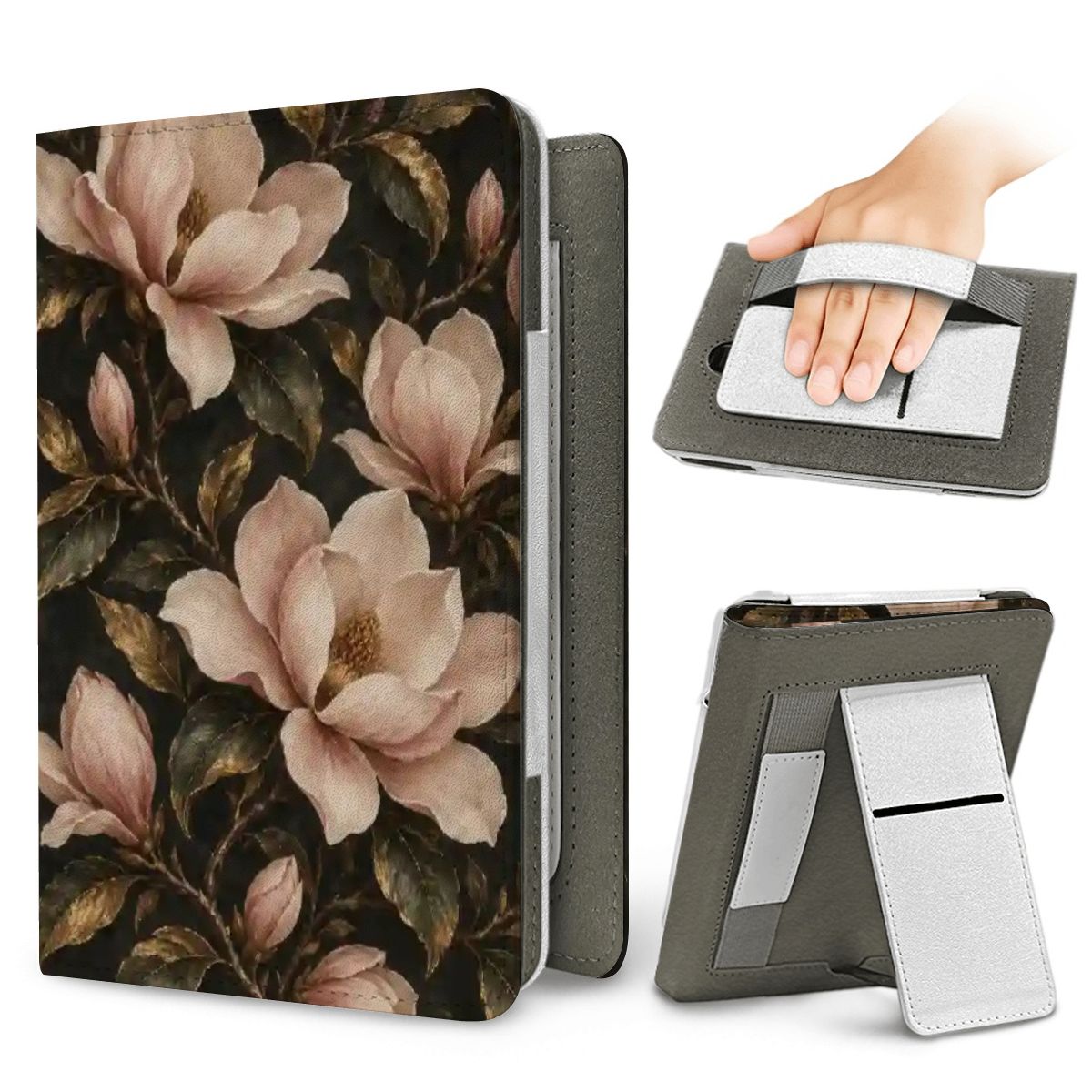 Midnight Magnolia Kindle case — elastic hand strap and fold-out stand on the back