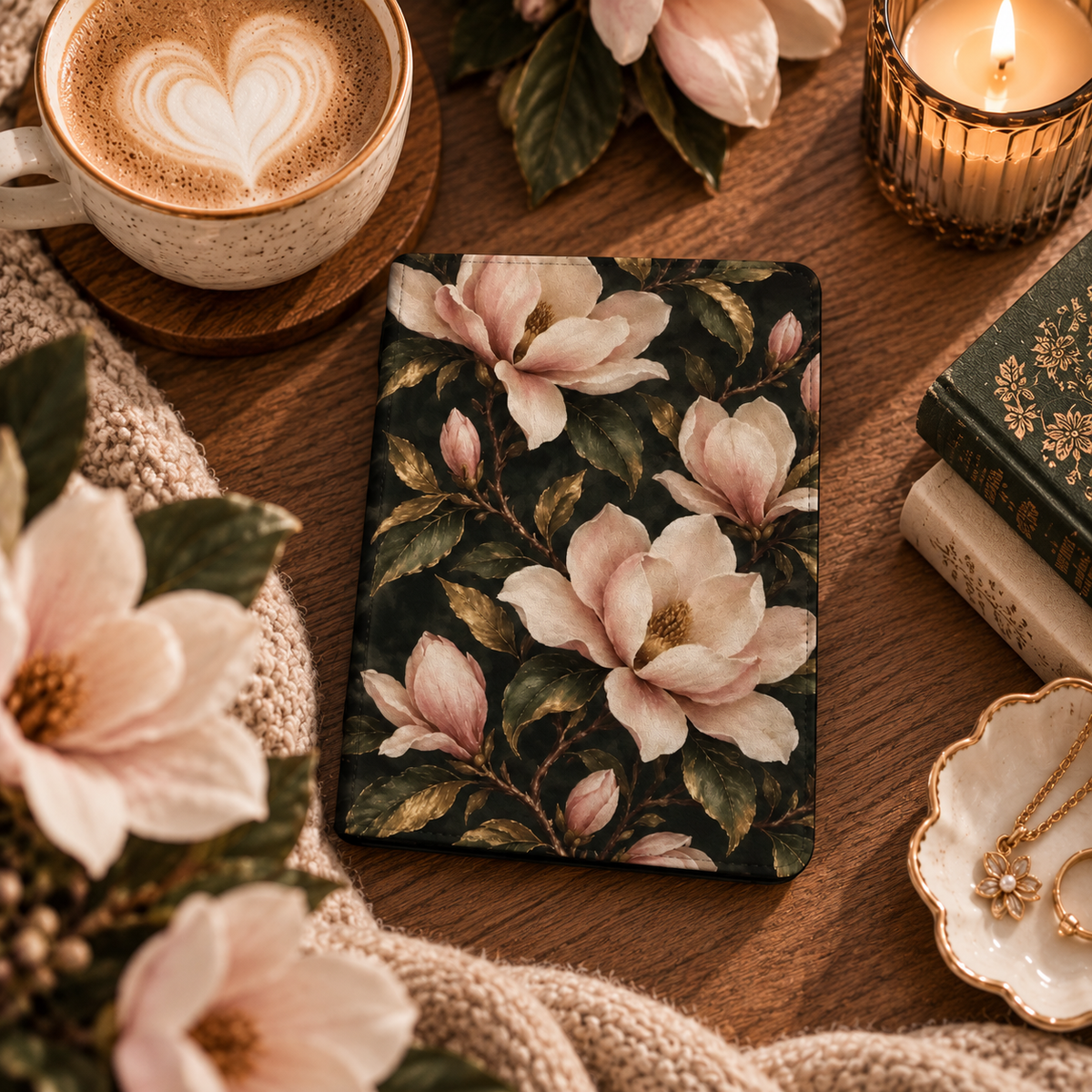 Midnight Magnolia Kindle case — blush magnolias on black, styled with a latte, fresh magnolias and a candle