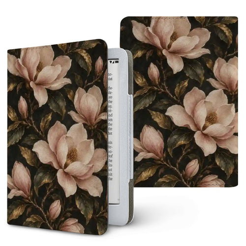 Midnight Magnolia Kindle case — blush magnolias and gold-edged leaves on black, printed front and back