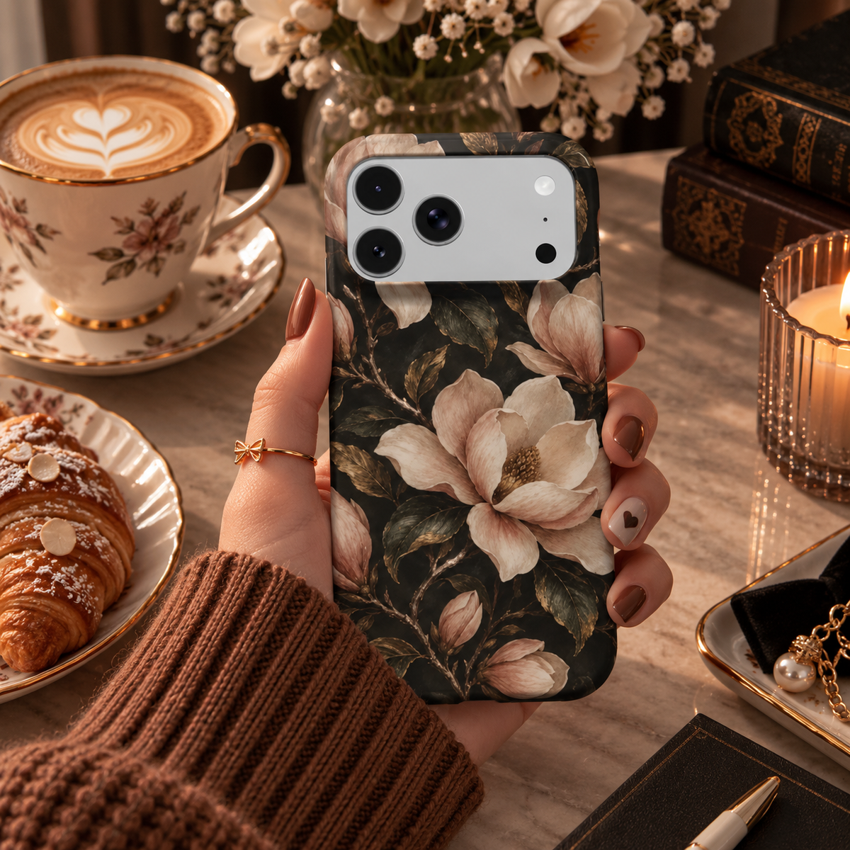 Midnight Magnolia phone case – MagSafe iPhone case, styled photo