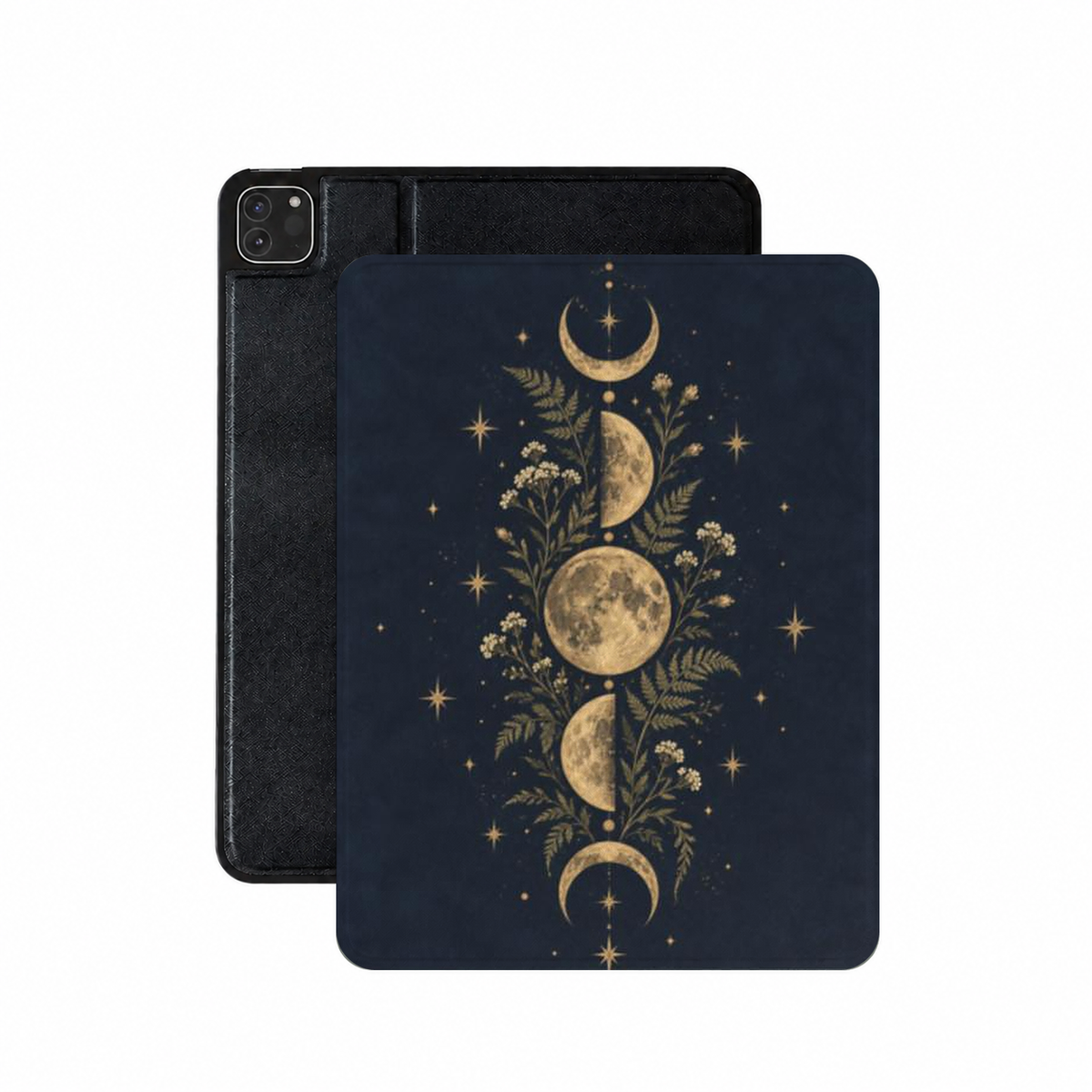Midnight Moon Phases iPad case — gold moon phases and ferns on midnight navy, shown front and back