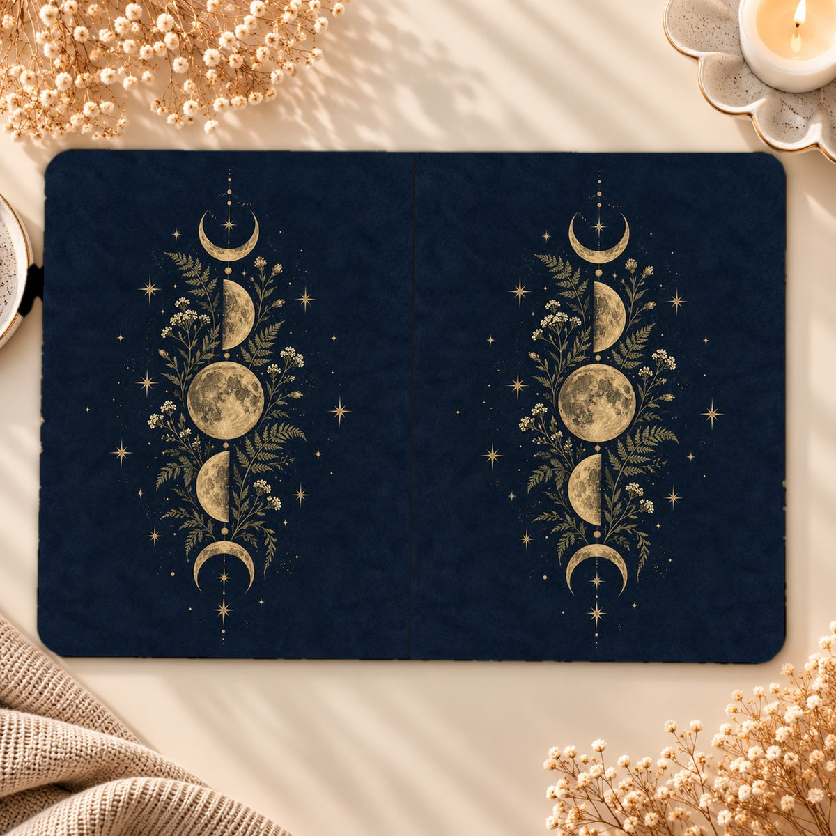 Midnight Moon Phases Kindle case opened flat, front and back — gold moon phases with ferns and stars on midnight navy