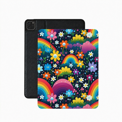 Midnight rainbow garden iPad case in navy with bright rainbows and flowers