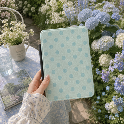 Mint polka dot Kindle case front cover close-up — Quiet Bookish duck egg blue print
