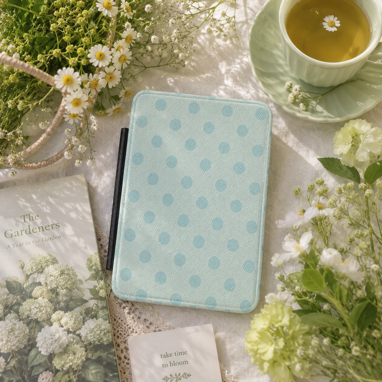 Pale duck egg mint polka dot Kindle Paperwhite case — Quiet Bookish gift for readers