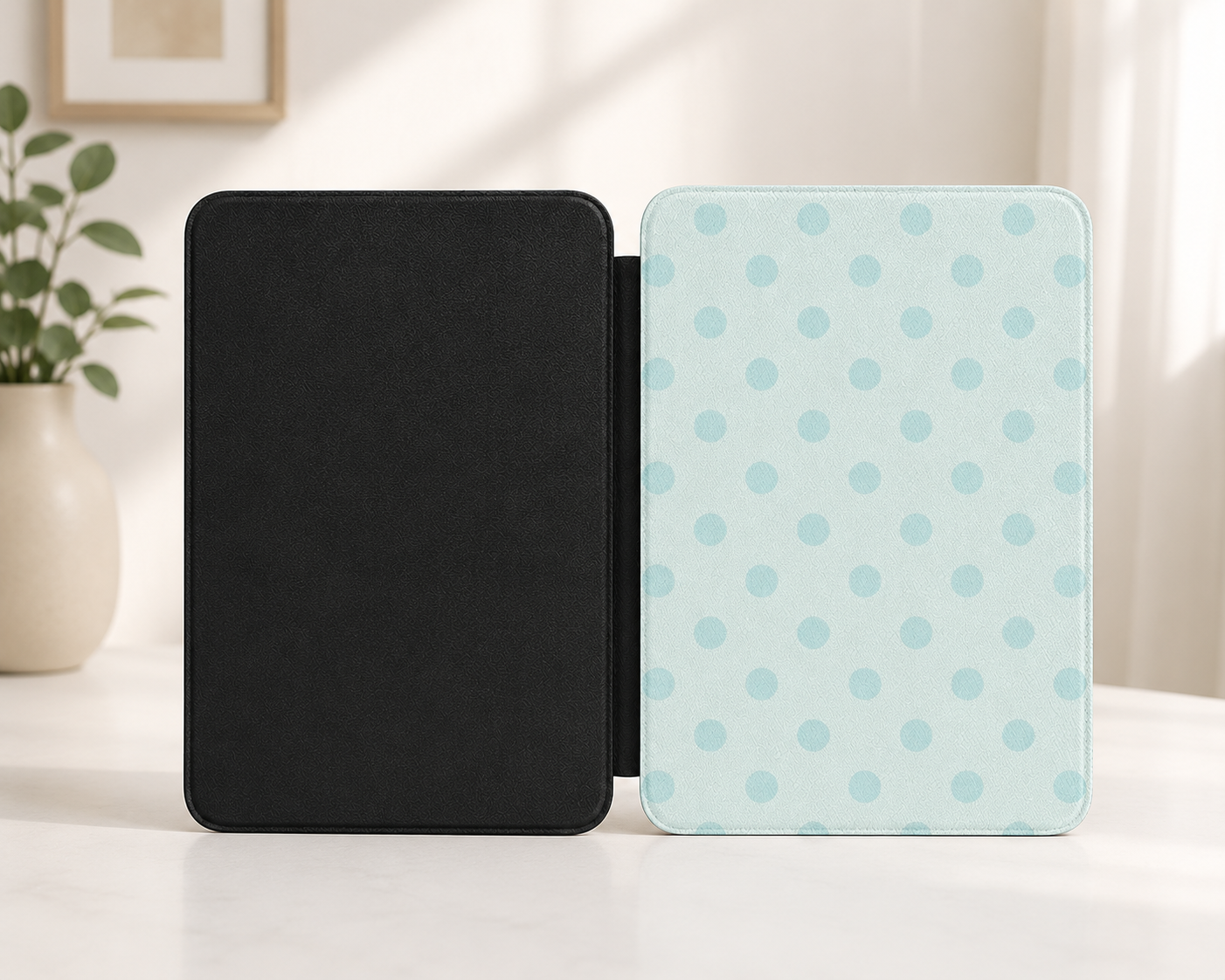 Mint polka dot Kindle case open showing black interior — Quiet Bookish duck egg blue