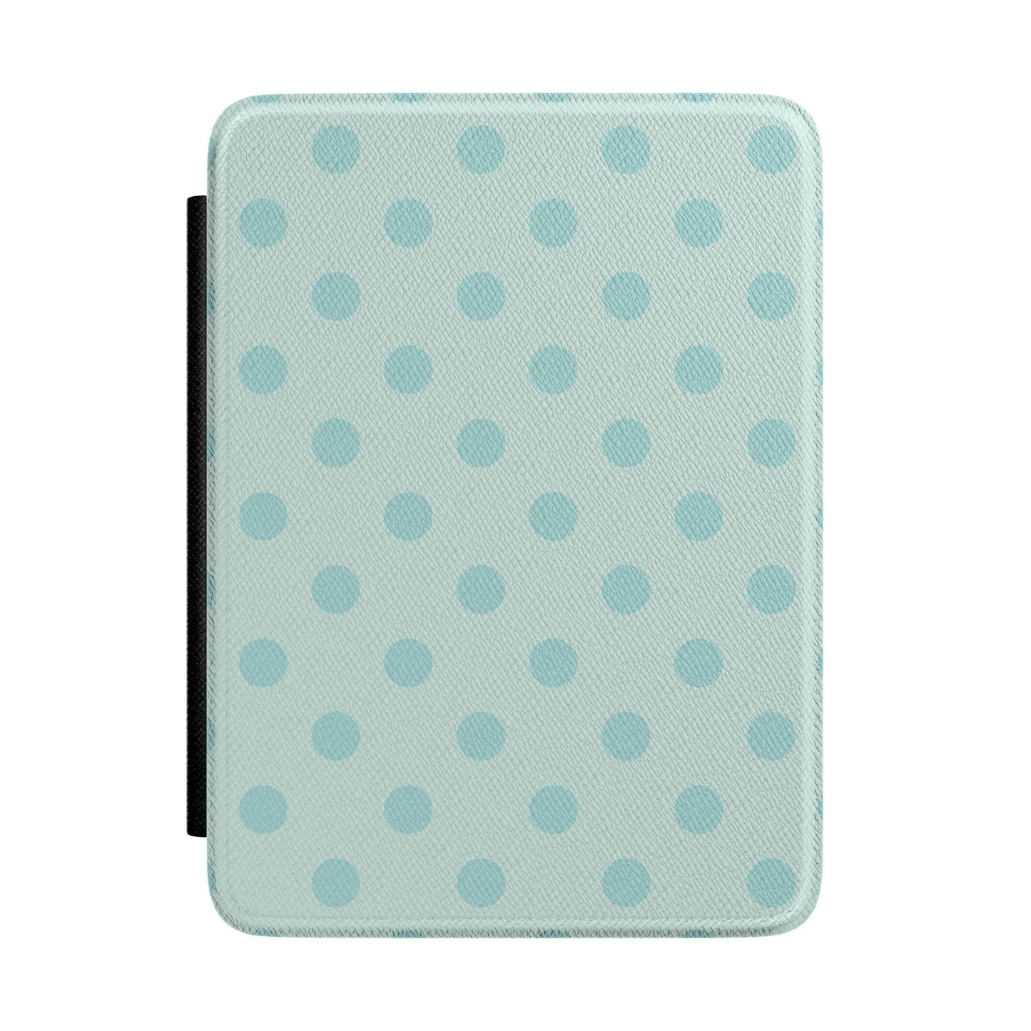 Pale duck egg mint Kindle Paperwhite case with soft blue polka dots front cover — Quiet Bookish gift
