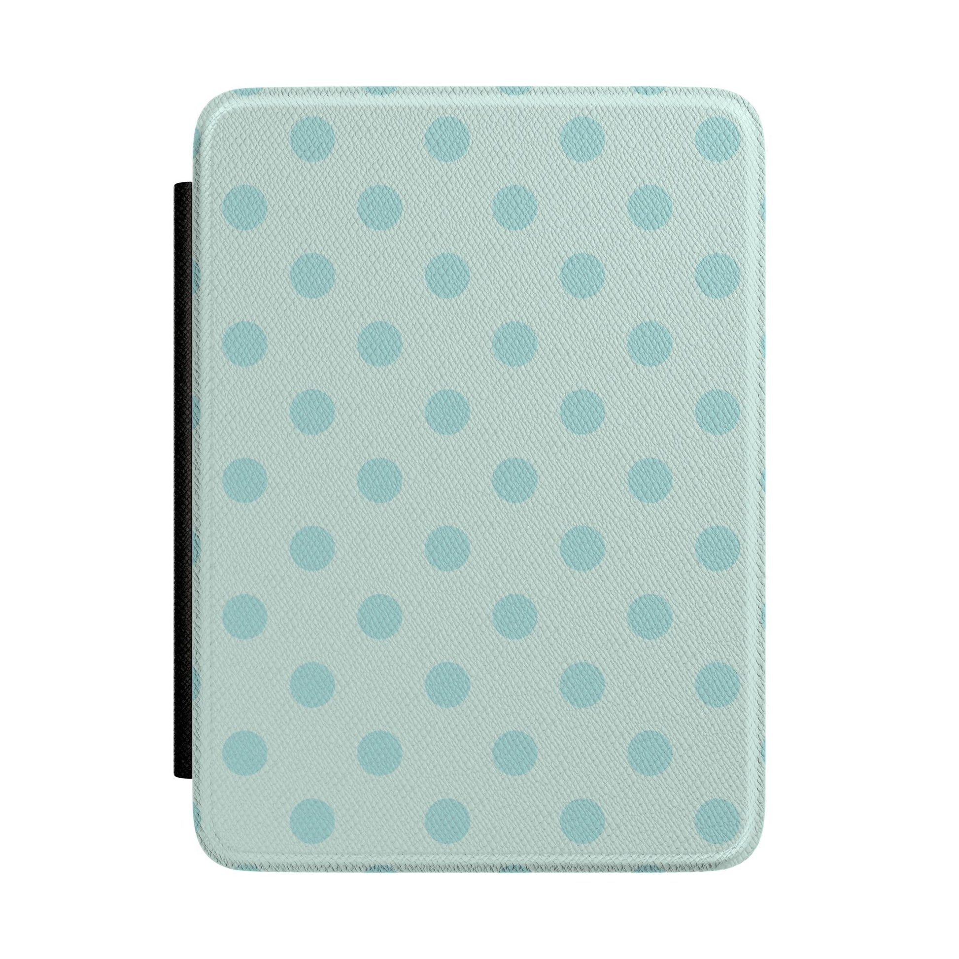 Pale duck egg mint Kindle Paperwhite case with soft blue polka dots front cover — Quiet Bookish gift