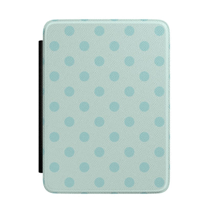 Pale duck egg mint Kindle Paperwhite case with soft blue polka dots front cover — Quiet Bookish gift