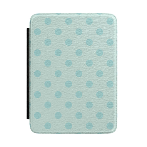 Pale duck egg mint Kindle Paperwhite case with soft blue polka dots front cover — Quiet Bookish gift