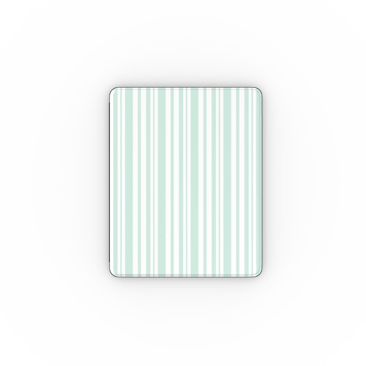 Mint ticking stripe iPad case open, showing the stand fold and interior