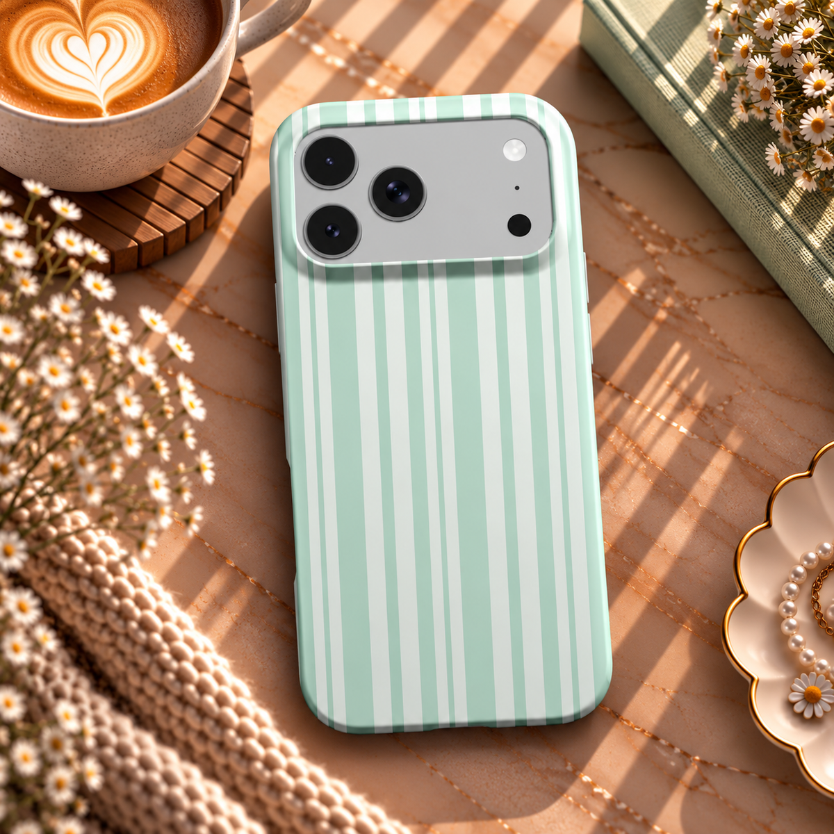 Mint Ticking Stripe phone case – MagSafe iPhone case, lifestyle photo