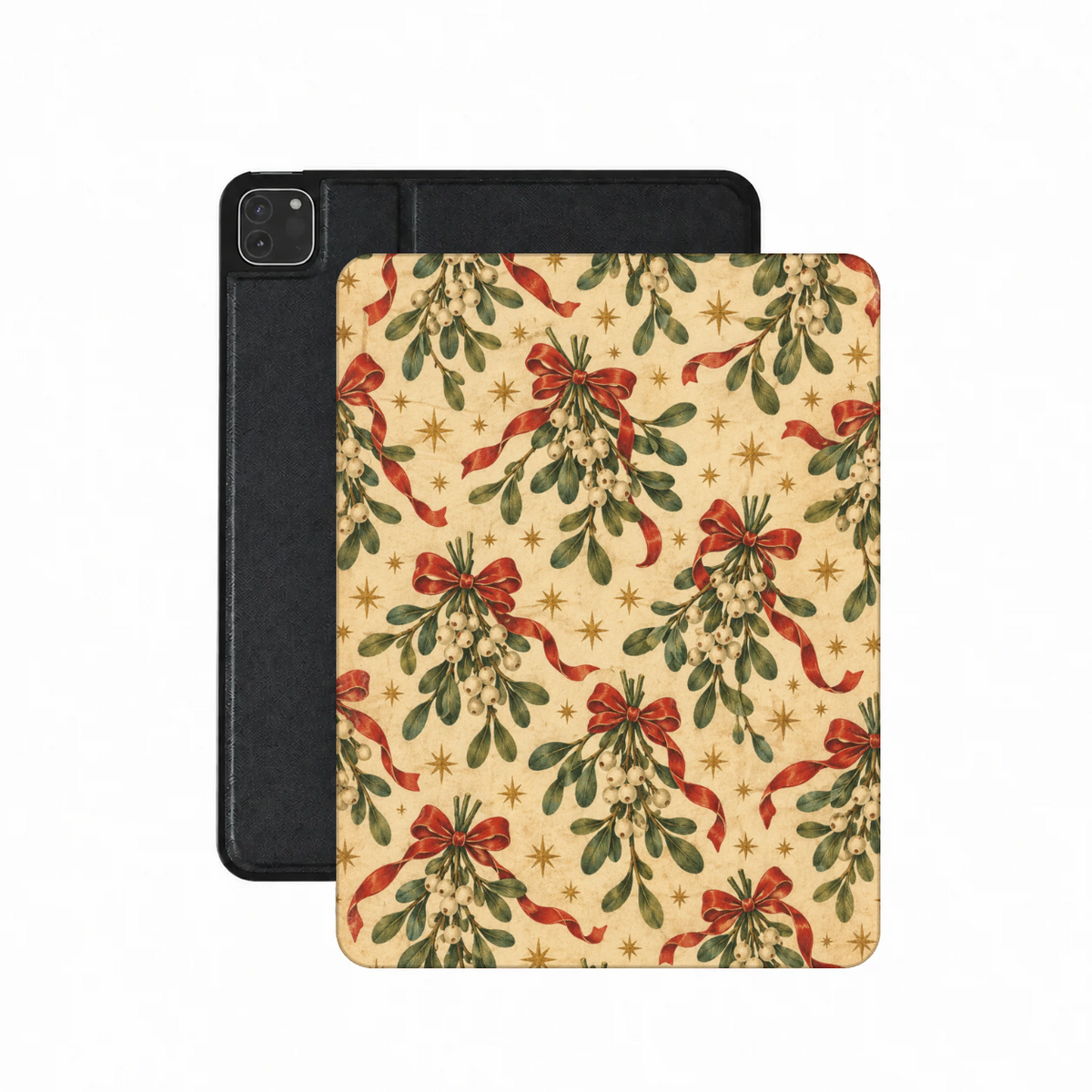 Mistletoe & Ribbons iPad case — mistletoe sprigs tied with red ribbon bows on aged cream, printed front cover over the plain black back