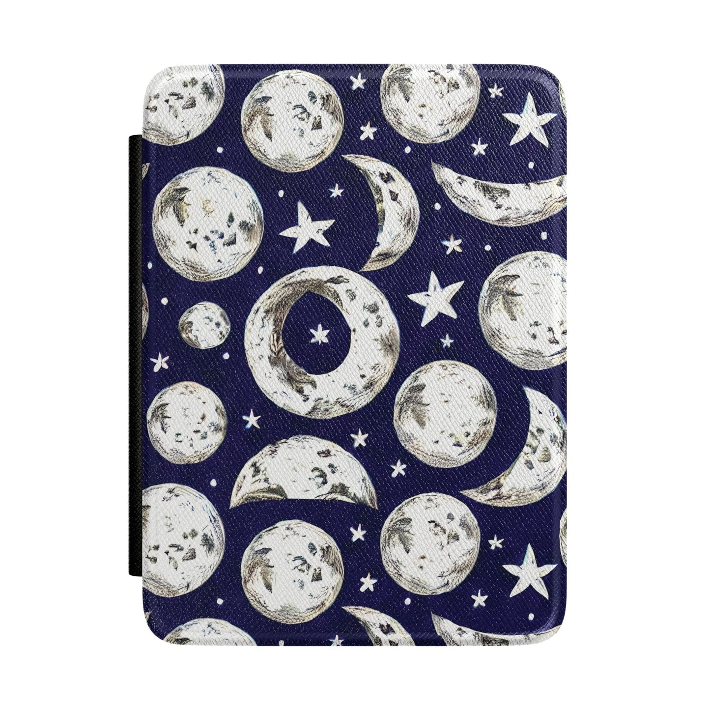 Navy Kindle Paperwhite case with illustrated moon phases and stars front cover — Dark Romantasy celestial gift