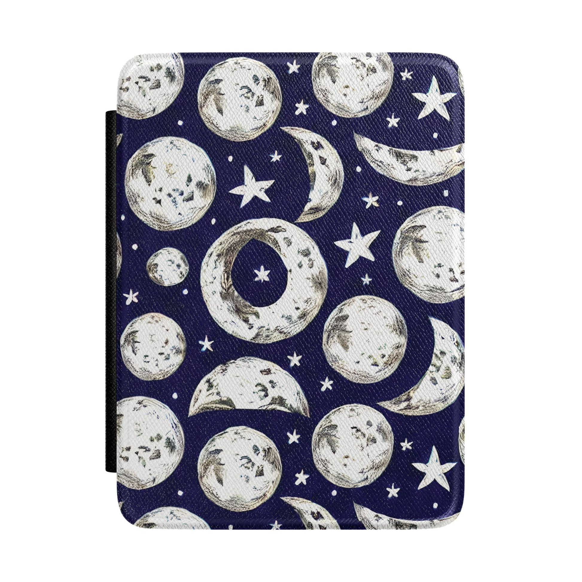 Navy Kindle Paperwhite case with illustrated moon phases and stars front cover — Dark Romantasy celestial gift