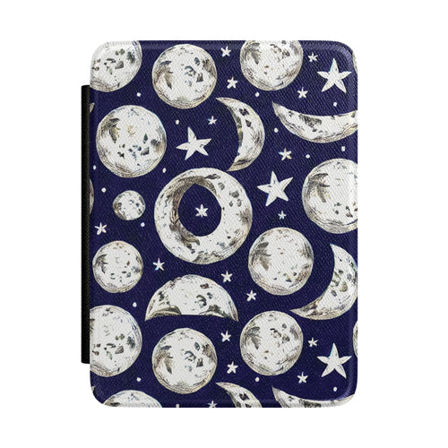 Navy Kindle Paperwhite case with illustrated moon phases and stars front cover — Dark Romantasy celestial gift