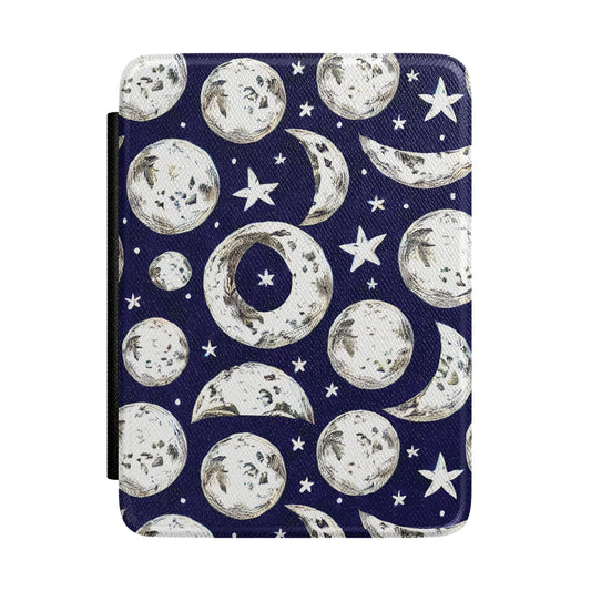 Navy Kindle Paperwhite case with illustrated moon phases and stars front cover — Dark Romantasy celestial gift