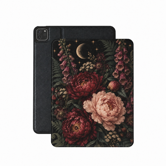 Moonlit Peony Garden iPad case — burgundy and blush peonies under a crescent moon on black