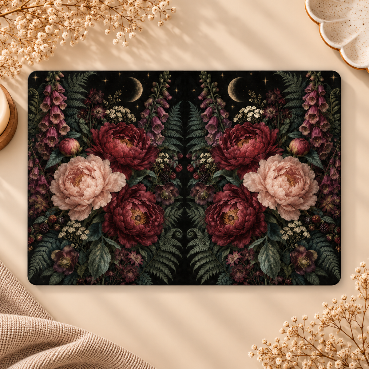 Moonlit Peony Garden Kindle case opened flat, front and back — peonies, foxgloves, ferns and a crescent moon on black