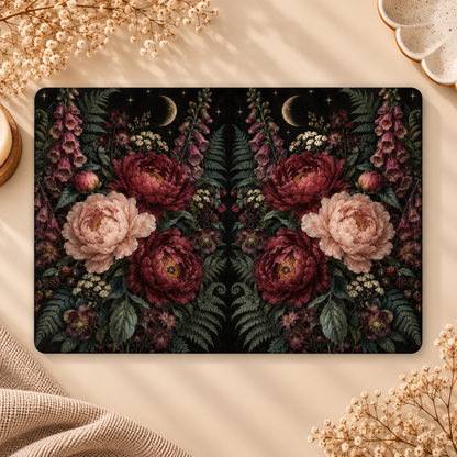 Moonlit Peony Garden Kindle case opened flat, front and back — peonies, foxgloves, ferns and a crescent moon on black
