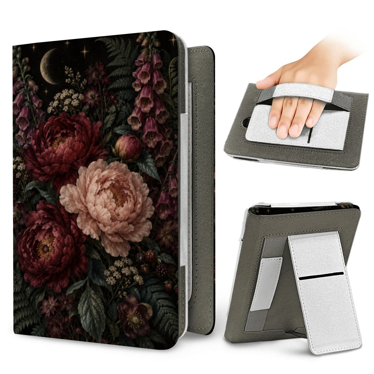Moonlit Peony Garden Kindle case — elastic hand strap and fold-out stand on the back