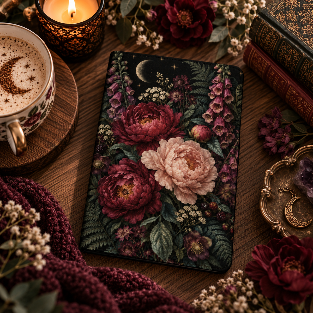 Moonlit Peony Garden Kindle case — burgundy and blush peonies on black, styled with a latte, candle and dark red flowers
