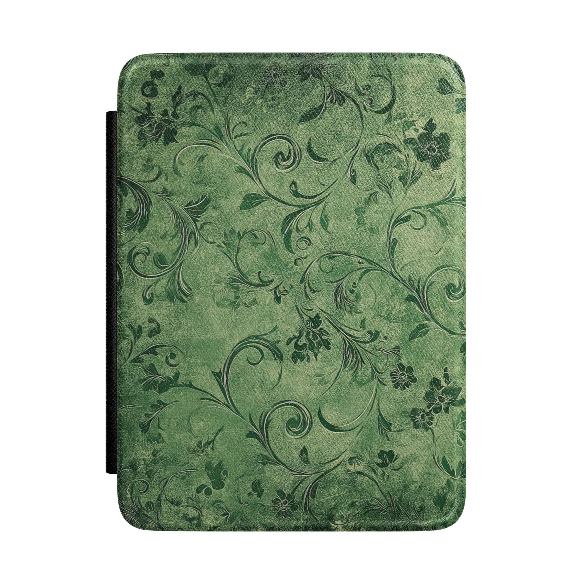 Moss green Kindle Paperwhite case with tonal damask scrollwork front cover — Maison Noir vintage gift