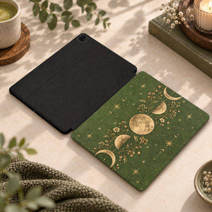 Moss Moon Phases iPad case shown front and back — printed front cover, plain black back