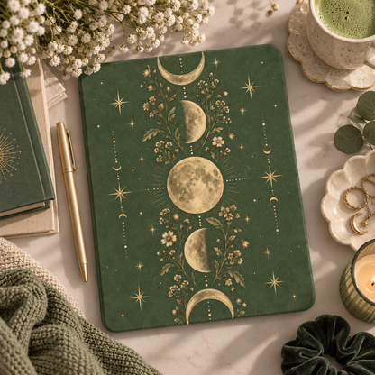 Moss Moon Phases iPad case styled with matcha, a gold pen and a green knit