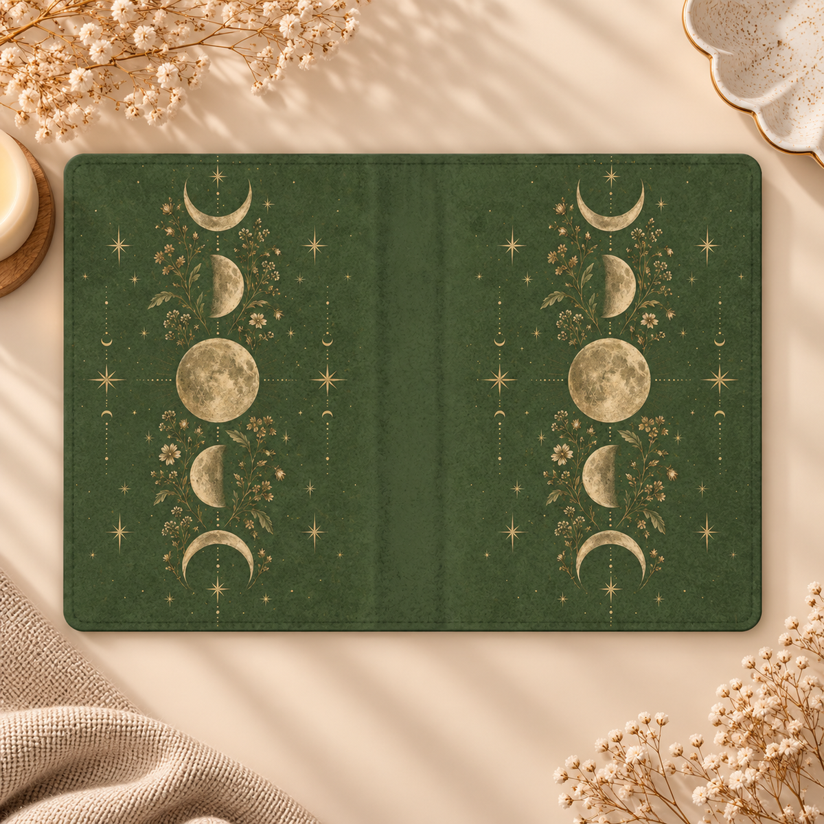 Moss Moon Phases Kindle case opened flat, front and back — gold moon phases, wildflowers and stars on moss green