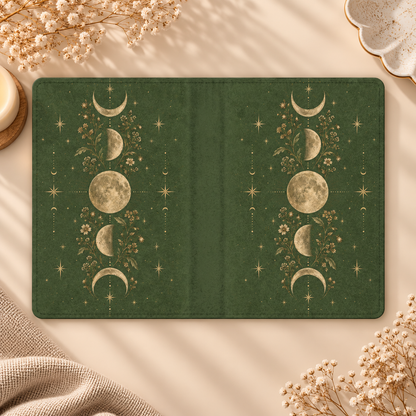 Moss Moon Phases Kindle case opened flat, front and back — gold moon phases, wildflowers and stars on moss green