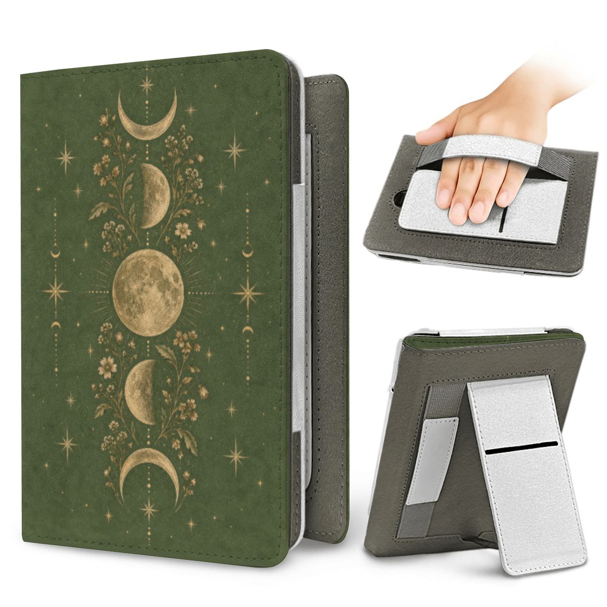 Moss Moon Phases Kindle case — elastic hand strap and fold-out stand on the back