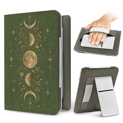 Moss Moon Phases Kindle case — elastic hand strap and fold-out stand on the back