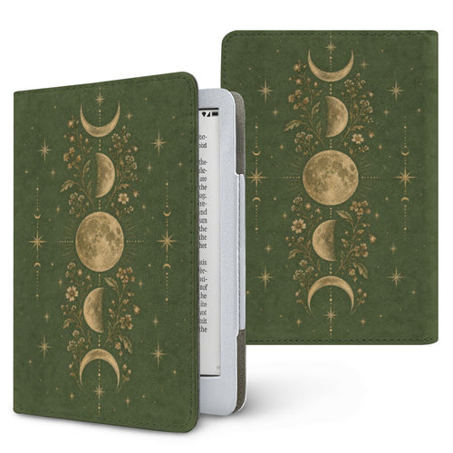 Moss Moon Phases Kindle case — gold moon phases with wildflowers and stars on moss green, printed front and back