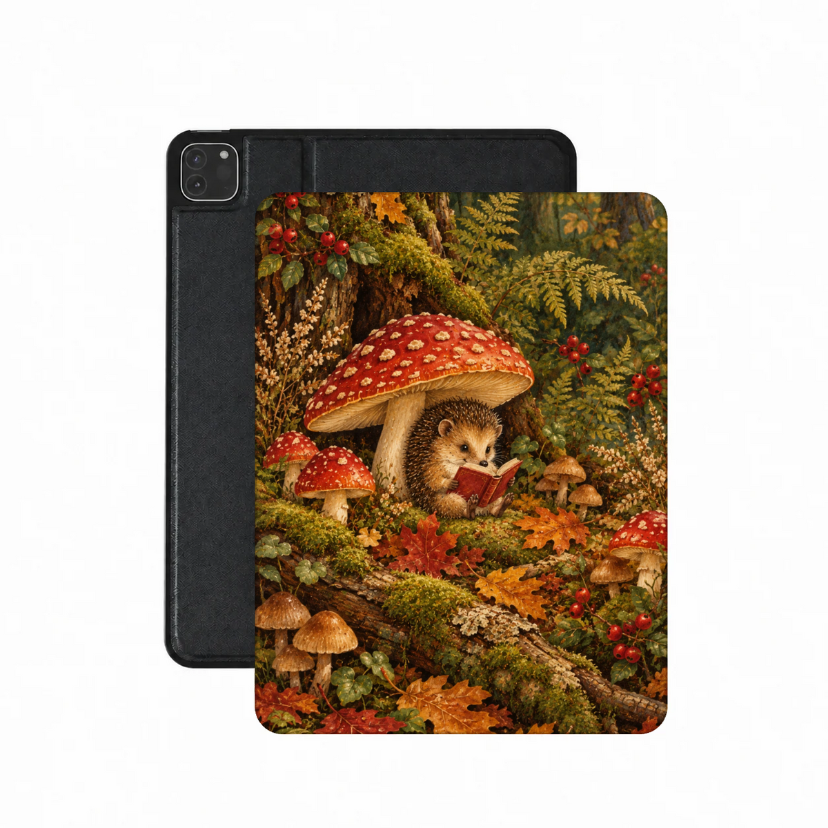 Mushroom Forest iPad case — hedgehog reading under red mushrooms on a mossy forest floor, printed front cover over the plain black back