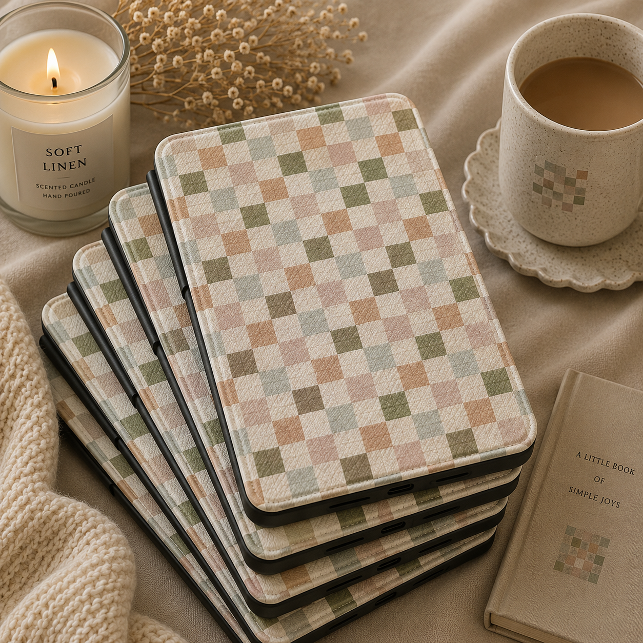 Muted Checkerboard Kindle case shown at an angle