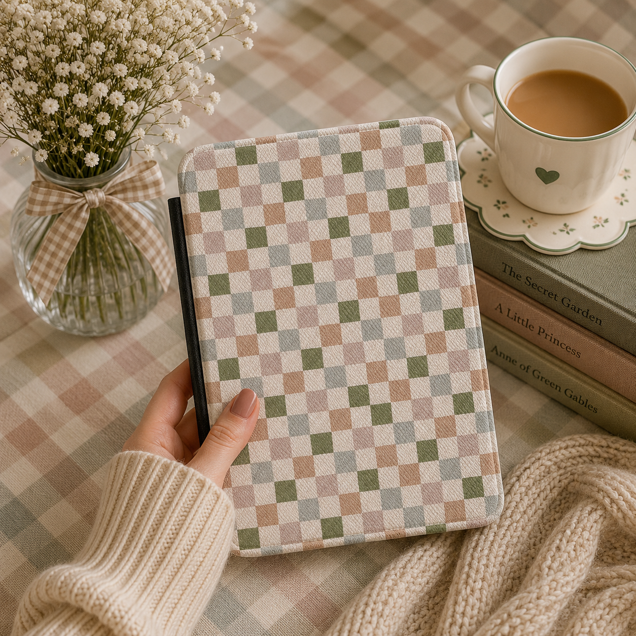 Close-up of Muted Checkerboard Saffiano Kindle case