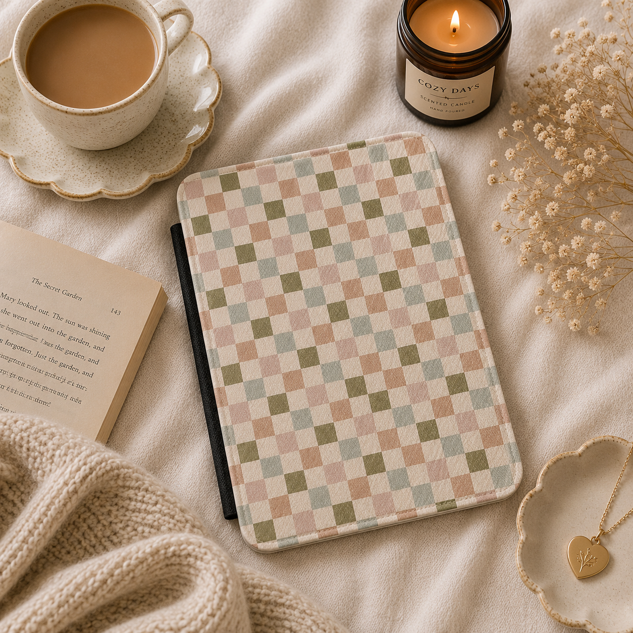 Muted Checkerboard Kindle case front cover — muted checkerboard print