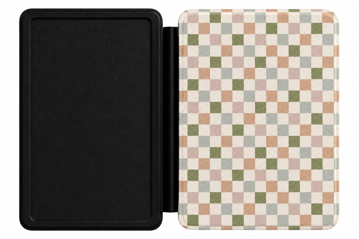 Muted Checkerboard Kindle case open showing e-ink Kindle on right interior panel