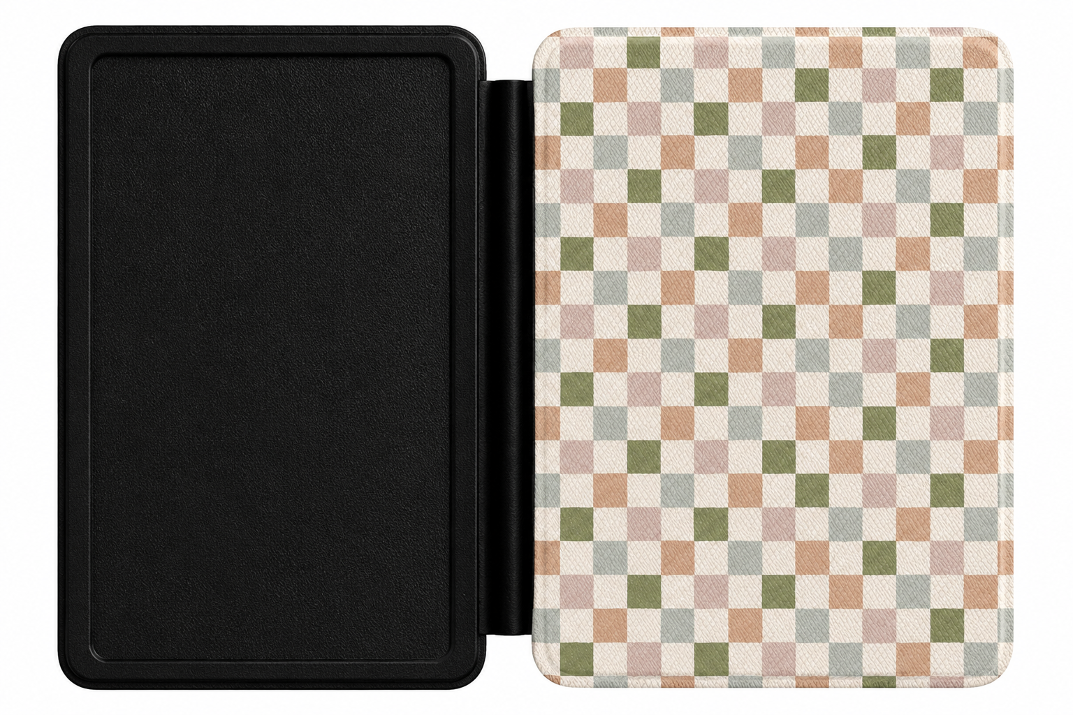 Muted Checkerboard Kindle case open showing e-ink Kindle on right interior panel