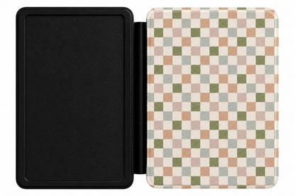 Muted Checkerboard Kindle case open showing e-ink Kindle on right interior panel